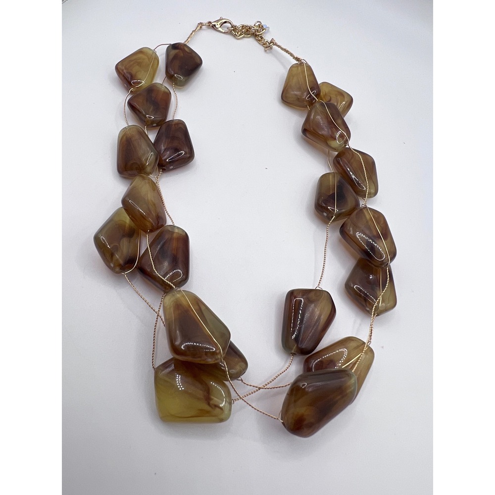 Statement Necklace 17" Triple‎ Strand Brown Swirl Lucite Beads Gold Tone